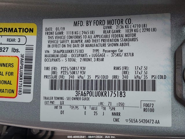 Ford Fusion Hybrid Se 2019 3FA6P0LU0KR175183 Image 9