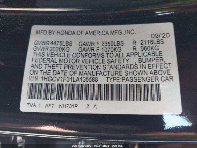1HGCV1F31LA135588 Honda Accord Sport