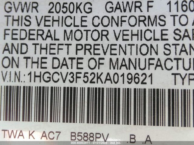 1HGCV3F52KA019621 Honda Accord Hybrid Ex-l