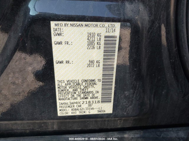 Nissan Altima 2.5 S 2015 1N4AL3AP4FC218318 Image 9