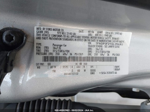 Ford FOCUS SE 2016 1FADP3F21GL359363 Image 9