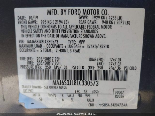 MAJ6S3JL8LC330573 Ford Ecosport Ses