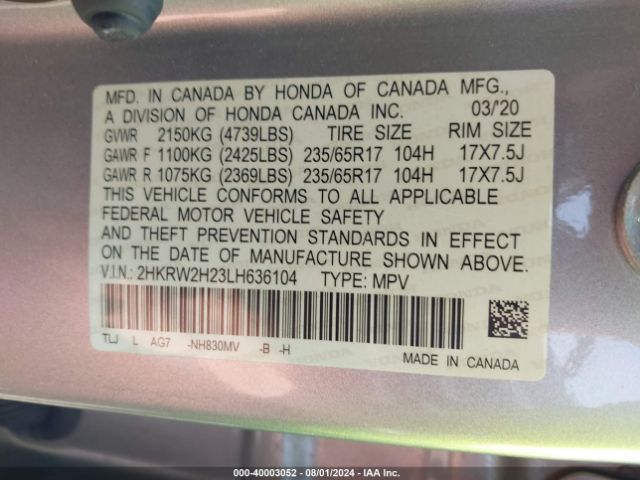 2HKRW2H23LH636104 Honda Cr-v Awd Lx