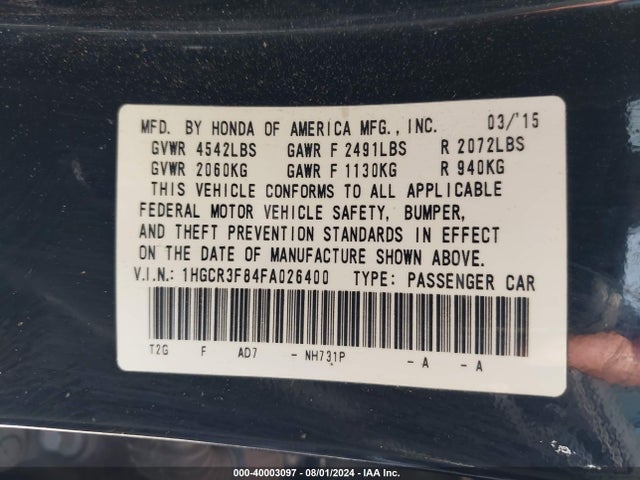 Honda Accord Ex-l V-6 2015 1HGCR3F84FA026400 Image 9