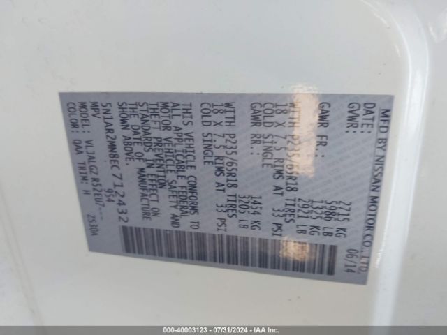 5N1AR2MN8EC712432 Nissan Pathfinder Platinum/s/sl/sv