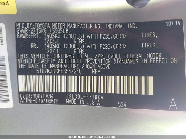 Toyota Sienna L 7 Passenger 2015 5TDZK3DC6FS547240 Image 9