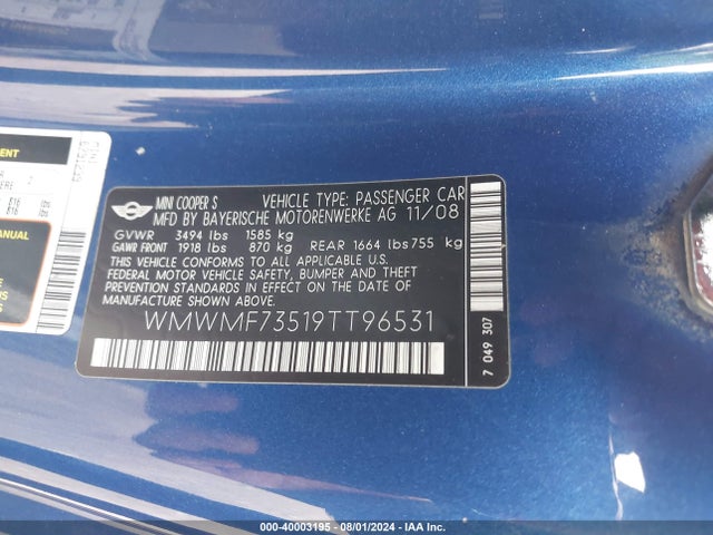2009 MINI COOPER S WMWMF73519TT96531 Photo 8
