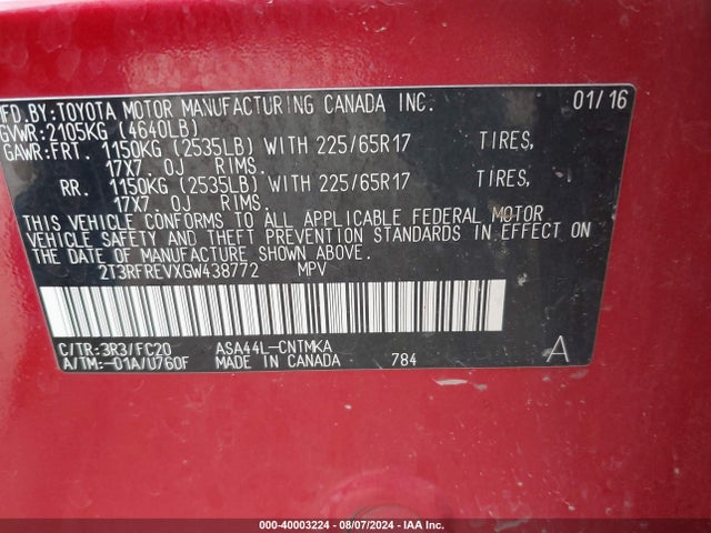 Toyota Rav4 Xle 2016 2T3RFREVXGW438772 Image 9