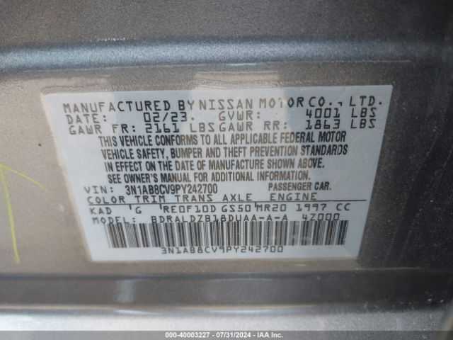 3N1AB8CV9PY242700 Nissan Sentra Sv Xtronic Cvt