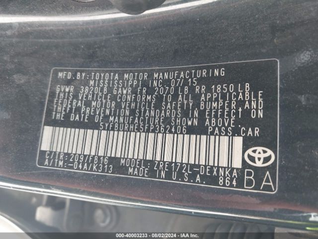 5YFBURHE5FP362406 Toyota COROLLA LE