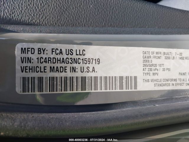 1C4RDHAG3NC159719 Dodge Durango Sxt Rwd