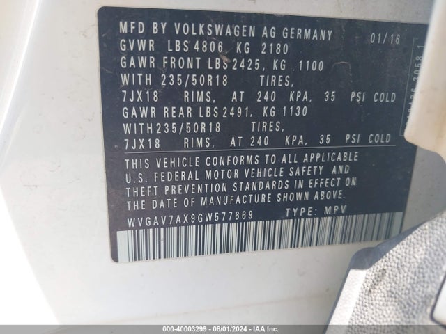 WVGAV7AX9GW577669 Volkswagen TIGUAN SE