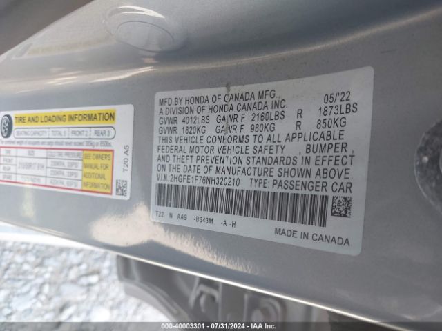 2022 HONDA CIVIC 2HGFE1F76NH320210 Photo 8