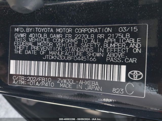 JTDKN3DU8F0445166 Toyota Prius Two