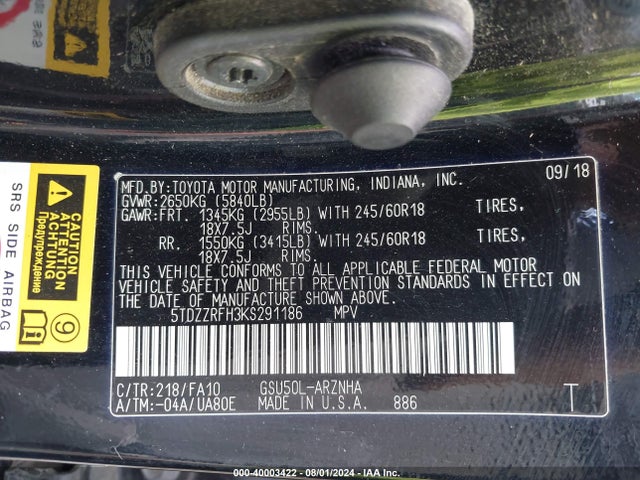 Toyota Highlander Le/le Plus 2019 5TDZZRFH3KS291186 Image 9