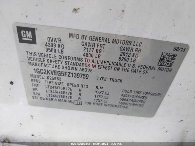 1GC2KVEG5FZ139759 Chevrolet Silverado 2500hd Lt