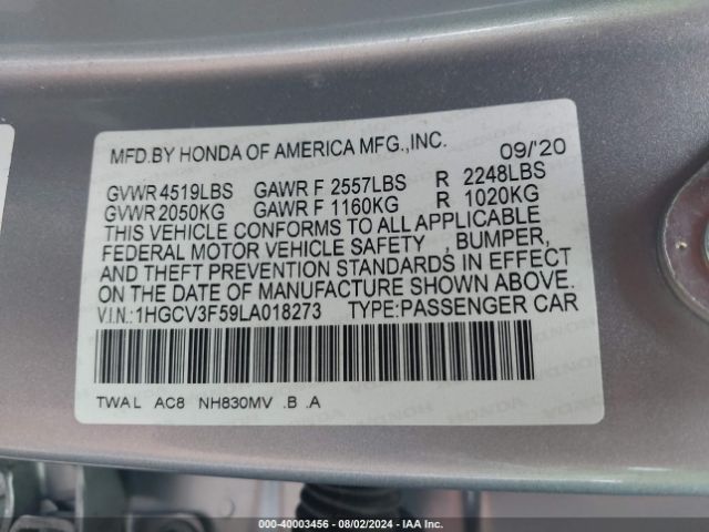 1HGCV3F59LA018273 Honda Accord Hybrid Ex-l