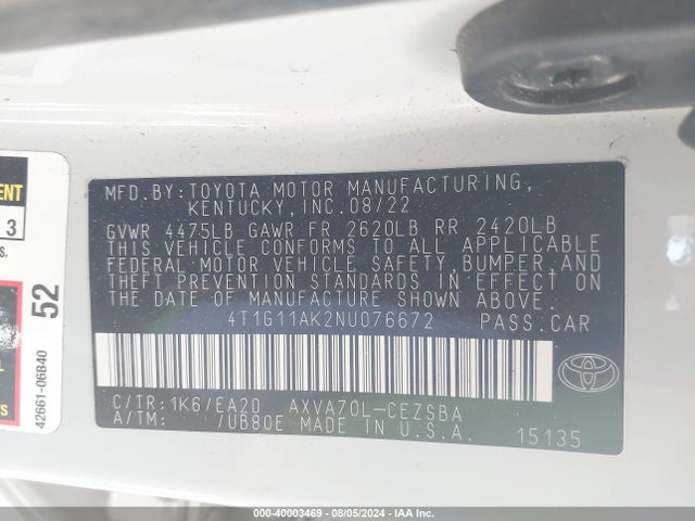 Toyota CAMRY SE 2022 4T1G11AK2NU076672 Image 9