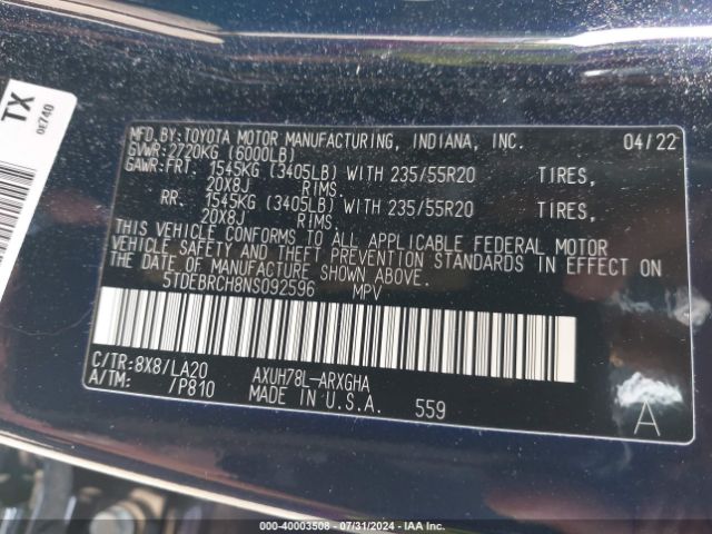 5TDEBRCH8NS092596 Toyota Highlander Hybrid Platinum