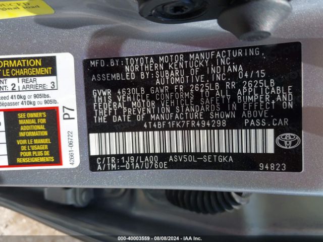 4T4BF1FK7FR494298 Toyota CAMRY XLE