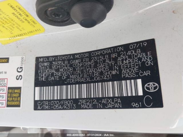 JTDEPRAEXLJ067431 Toyota COROLLA LE