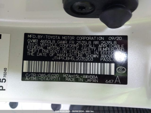 JTHP9JBH5L2035203 Lexus UX 250H