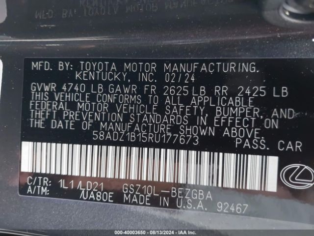 58ADZ1B15RU177673 Lexus ES 350