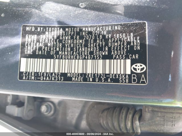 5YFBURHE8GP467152 Toyota Corolla S Premium