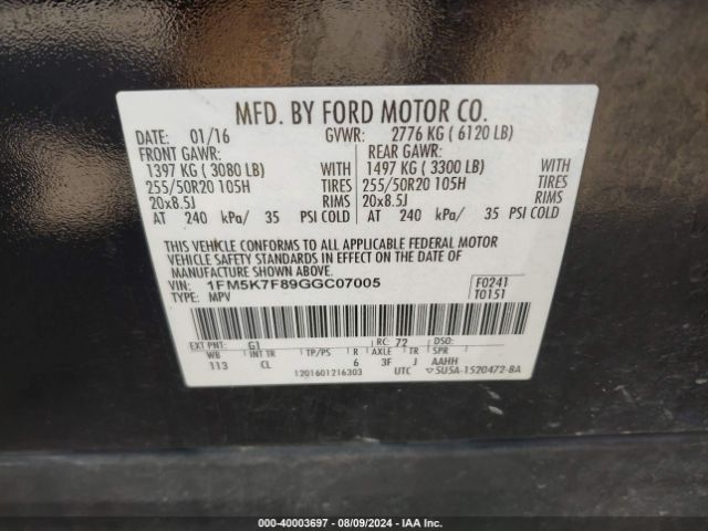 1FM5K7F89GGC07005 Ford Explorer Limited