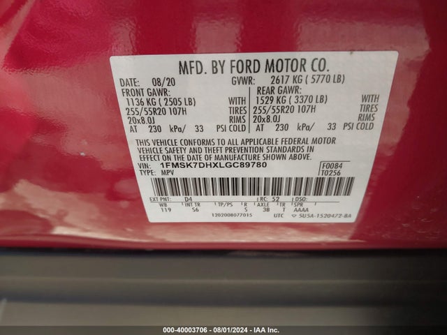 Ford EXPLORER XLT 2020 1FMSK7DHXLGC89780 Image 9