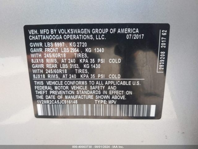 1V2MR2CA5JC516148 Volkswagen Atlas 3.6l V6 Sel