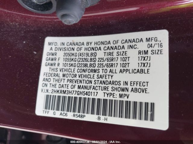 2HKRM3H77GH540117 Honda Cr-v Ex-l
