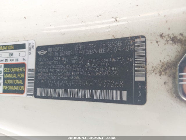 2008 MINI COOPER S WMWMF73588TV37268 Photo 8