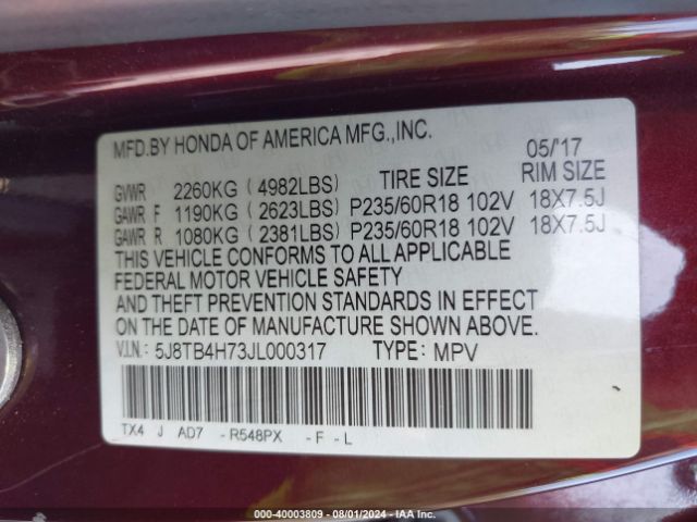 5J8TB4H73JL000317 Acura Rdx Advance Package