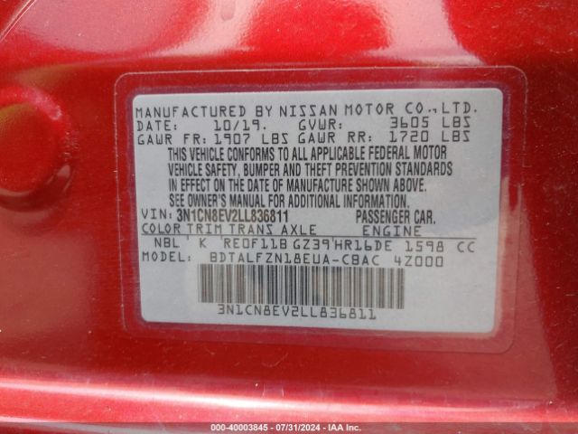 3N1CN8EV2LL836811 Nissan Versa Sv Xtronic Cvt
