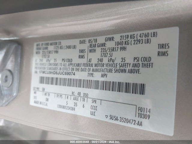 Ford ESCAPE SEL 2018 1FMCU9HD8JUC69074 Image 9