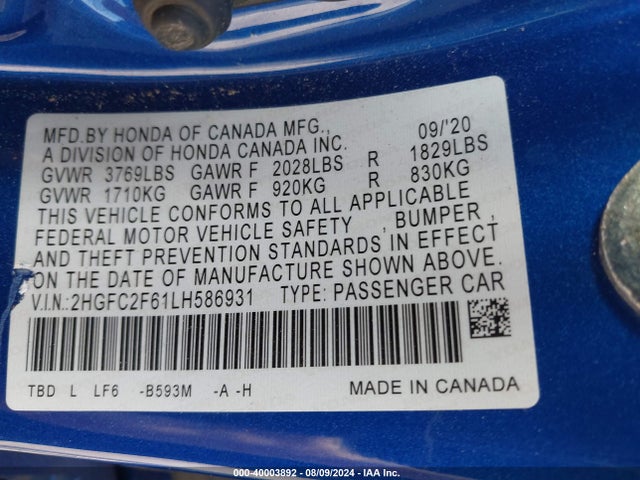 Honda Civic Lx 2020 2HGFC2F61LH586931 Image 9