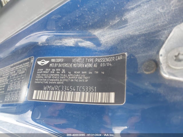 2004 MINI COOPER WMWRC33454TC53351 Photo 8