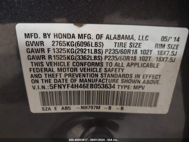 Honda Pilot Ex 2014 5FNYF4H46EB053634 Image 9