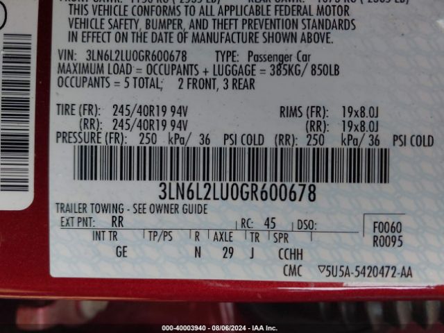 3LN6L2LU0GR600678 Lincoln MKZ HYBRID