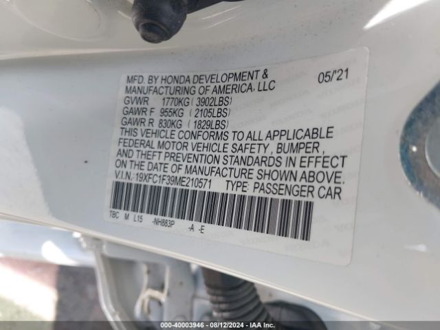 19XFC1F39ME210571 Honda CIVIC EX