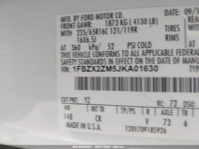 1FBZX2ZM5JKA01630 Ford Transit-350 Xlt