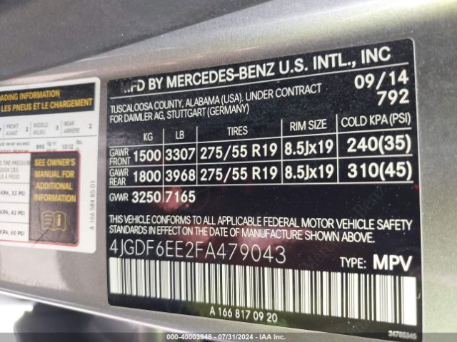 4JGDF6EE2FA479043 Mercedes-Benz Gl 450 4matic