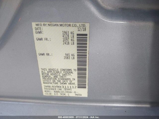 Nissan Altima 2.5 Sl 2019 1N4BL4EV9KN311112 Image 9