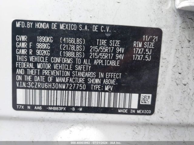 3CZRU6H30NM727750 Honda Hr-v Awd Lx
