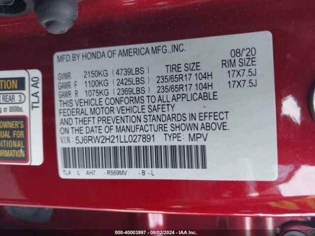 5J6RW2H21LL027891 Honda Cr-v Awd Lx