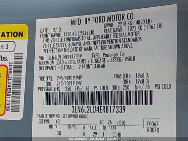 3LN6L2LU4ER817339 Lincoln MKZ HYBRID