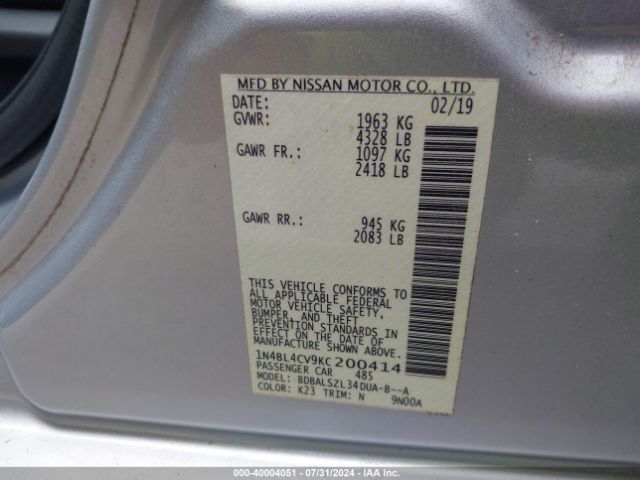 1N4BL4CV9KC200414 Nissan Altima 2.5 Sr