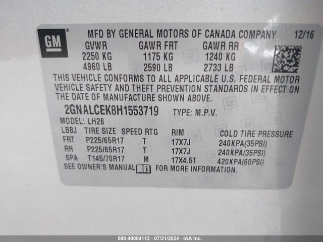 Chevrolet EQUINOX LT 2017 2GNALCEK8H1553719 Image 9