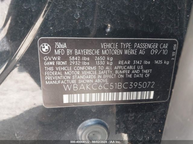 2011 BMW 7 SERIES WBAKC6C51BC395072 Photo 8